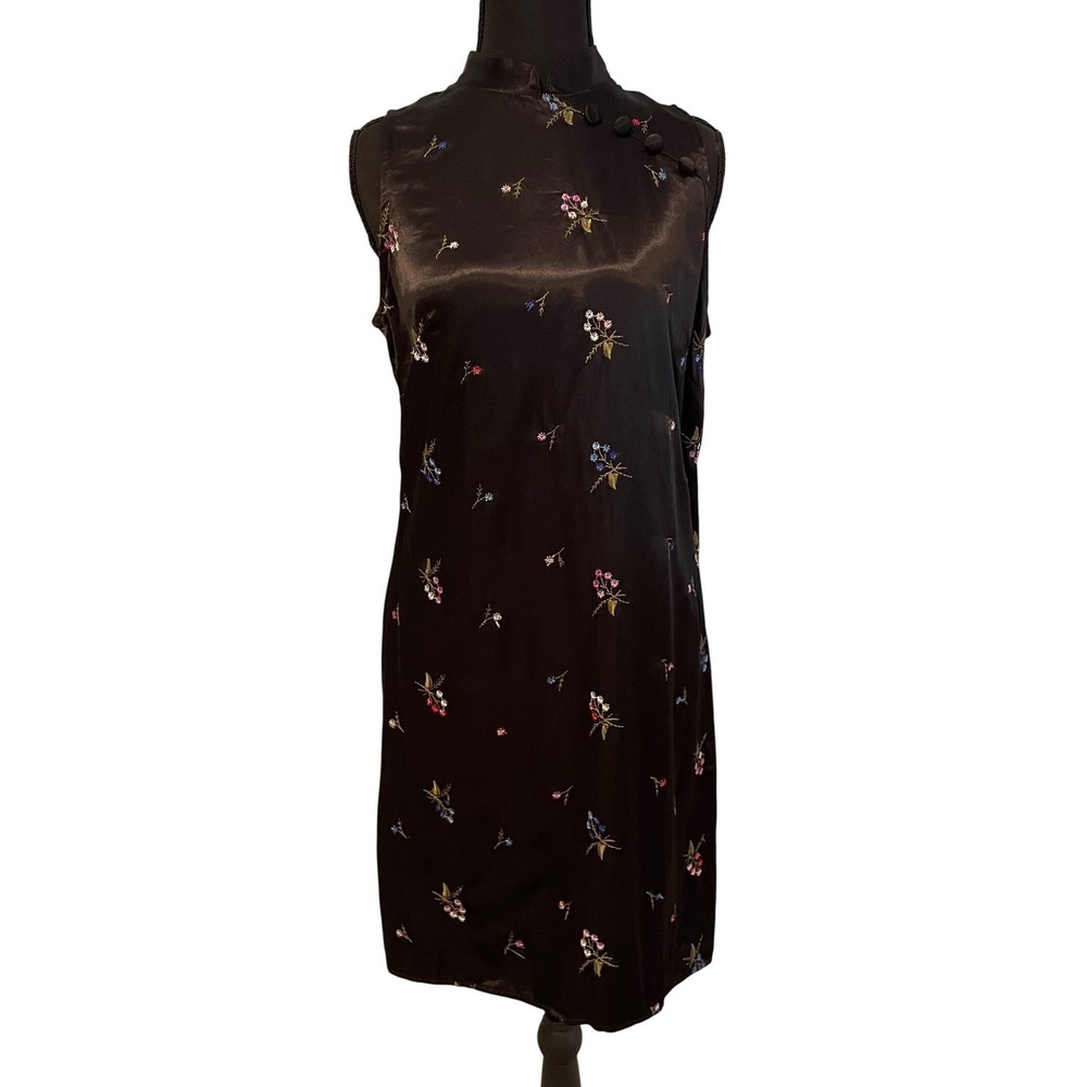 Black Sleeveless Mandarin Collar Embroidered Floral Dress S‎ 90s VTG Whimsigoth